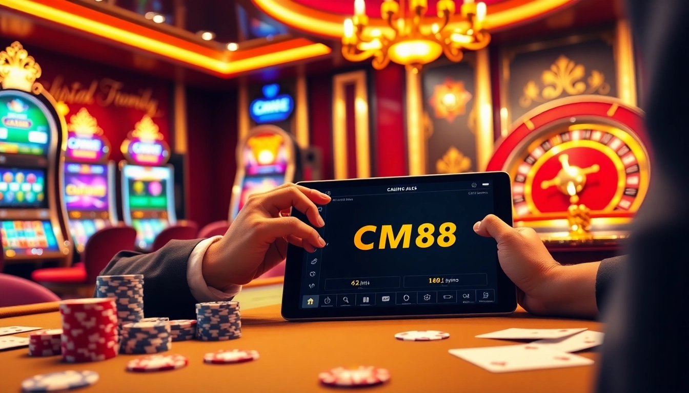 Experience thrilling online gambling with CM88 – vibrant casino visual featuring poker chips and slot machines.