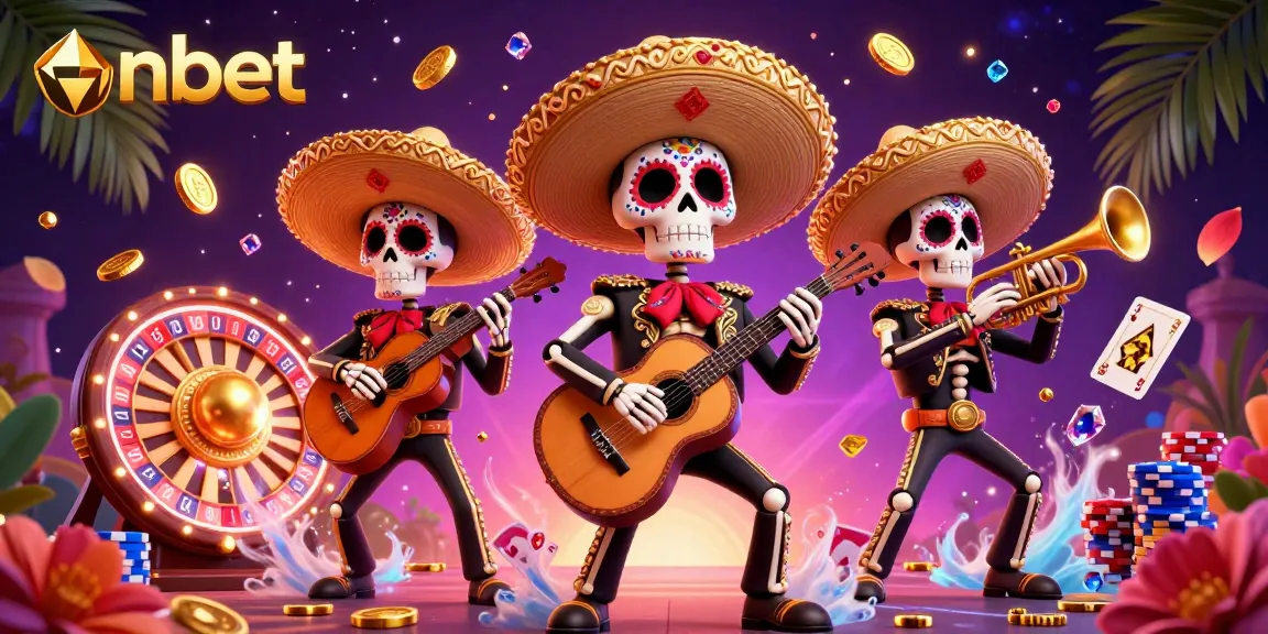 Engage in thrilling moments at nbet with a vibrant scene of mariachi skeletons and casino elements.