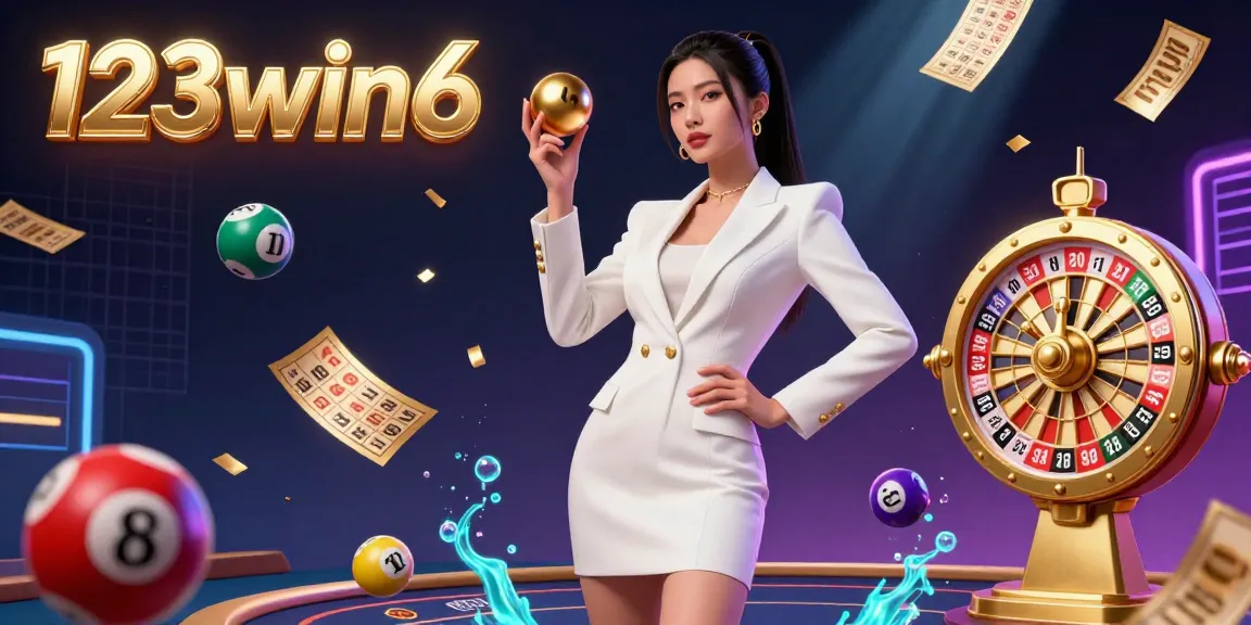 Engage in the immersive atmosphere of 123win6, showcasing dynamic lottery balls, a roulette ball, and a luxurious casino background.