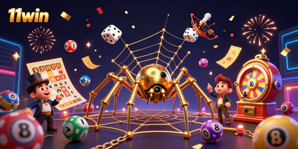 Explore thrilling gaming experiences at 11win with exciting elements like spider webs and golden lottery balls.