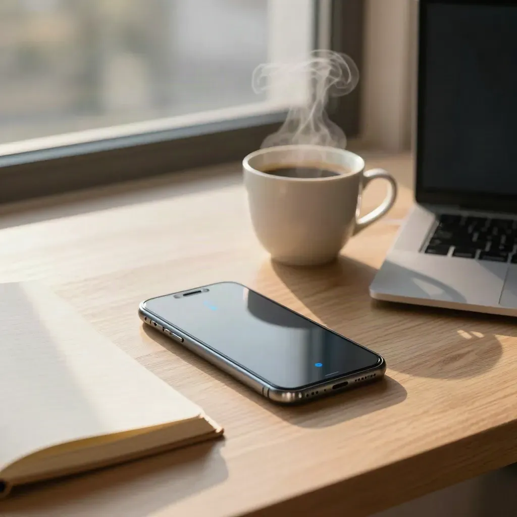 Newsroom desk with phone, coffee, closed notebook and laptop in sunrise light.