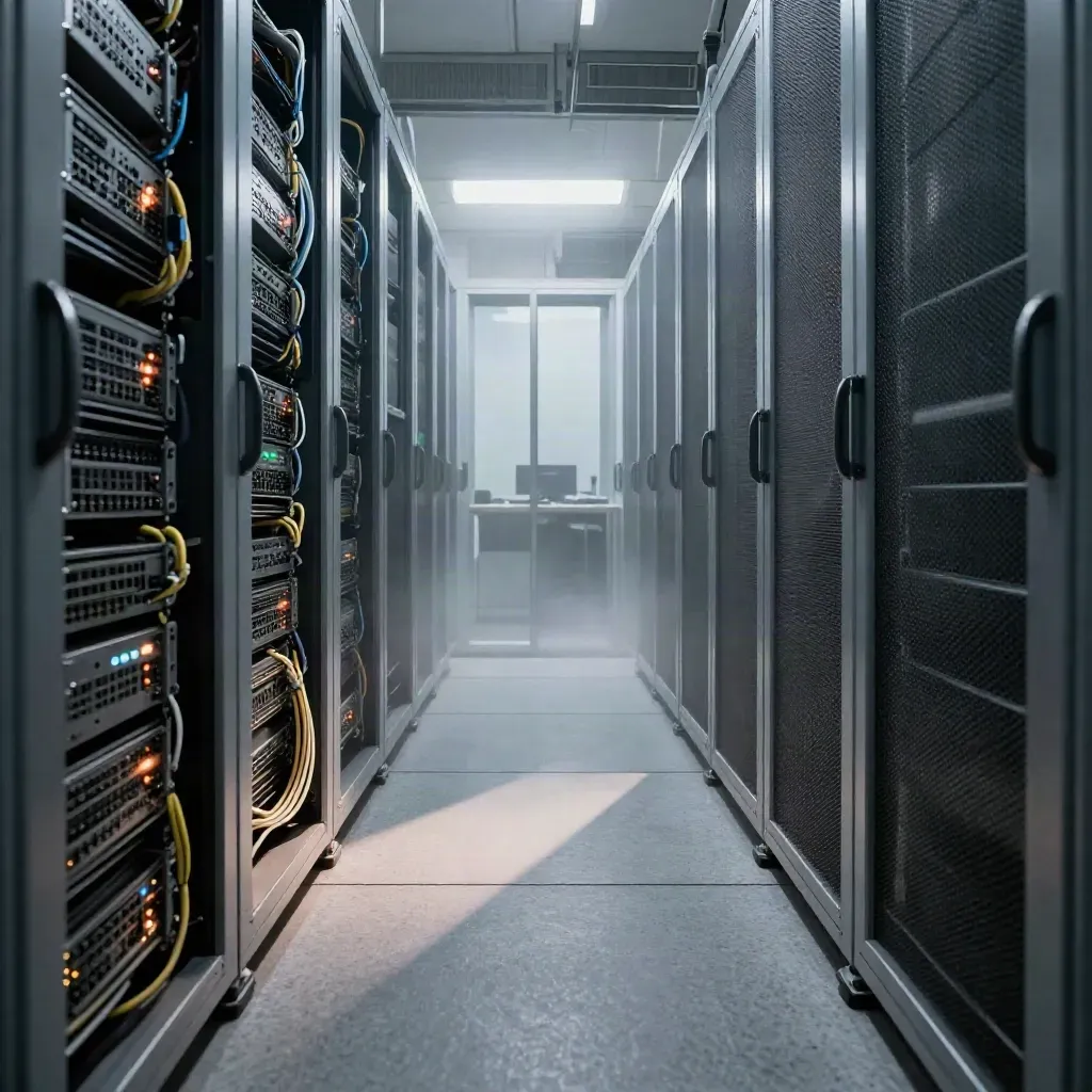 Server corridor with processors, blinking lights, cables and a glass workspace beyond.
