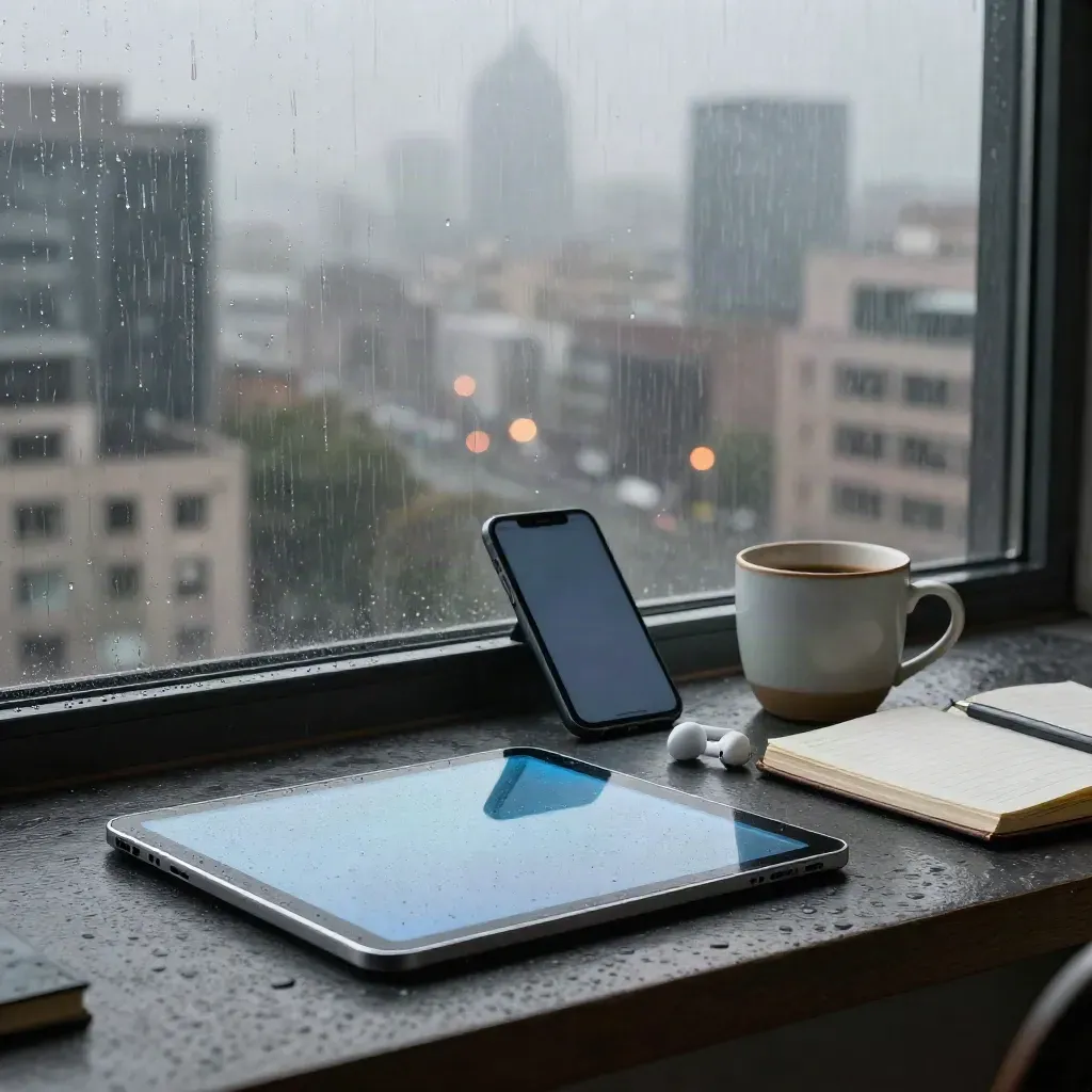 Rainy pre-dawn city news desk with tablet, phone, earbuds, mug, and notebook by a storm-streaked window.