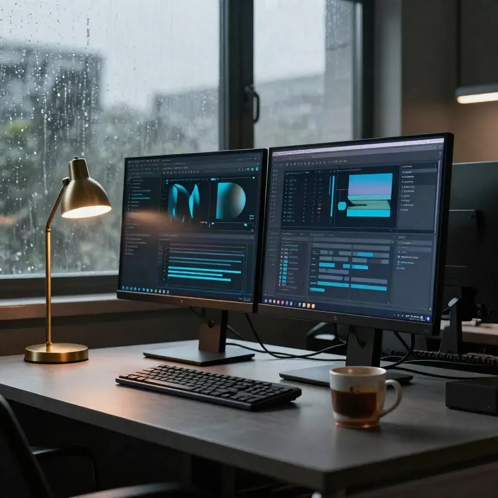 Midnight news desk with dual monitors, task lamp, mug, and rain on window
