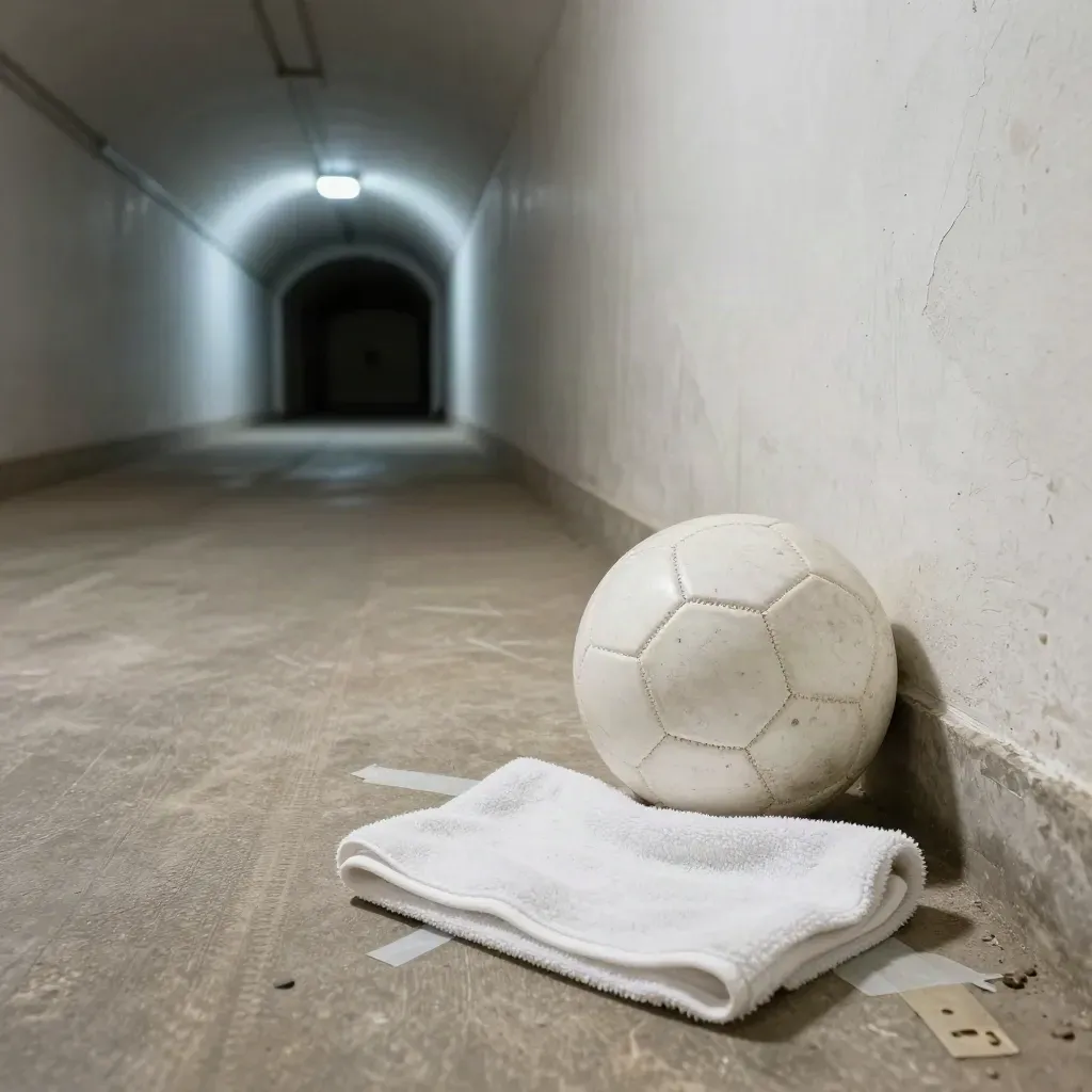 Scuffed ball and folded towel in an empty arena tunnel under exit light.