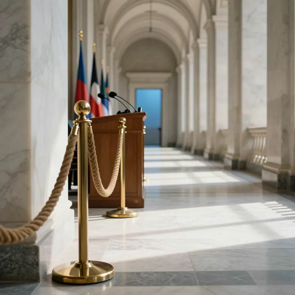 Marble statehouse corridor with podium, rope stanchions, and blurred flags after a hearing