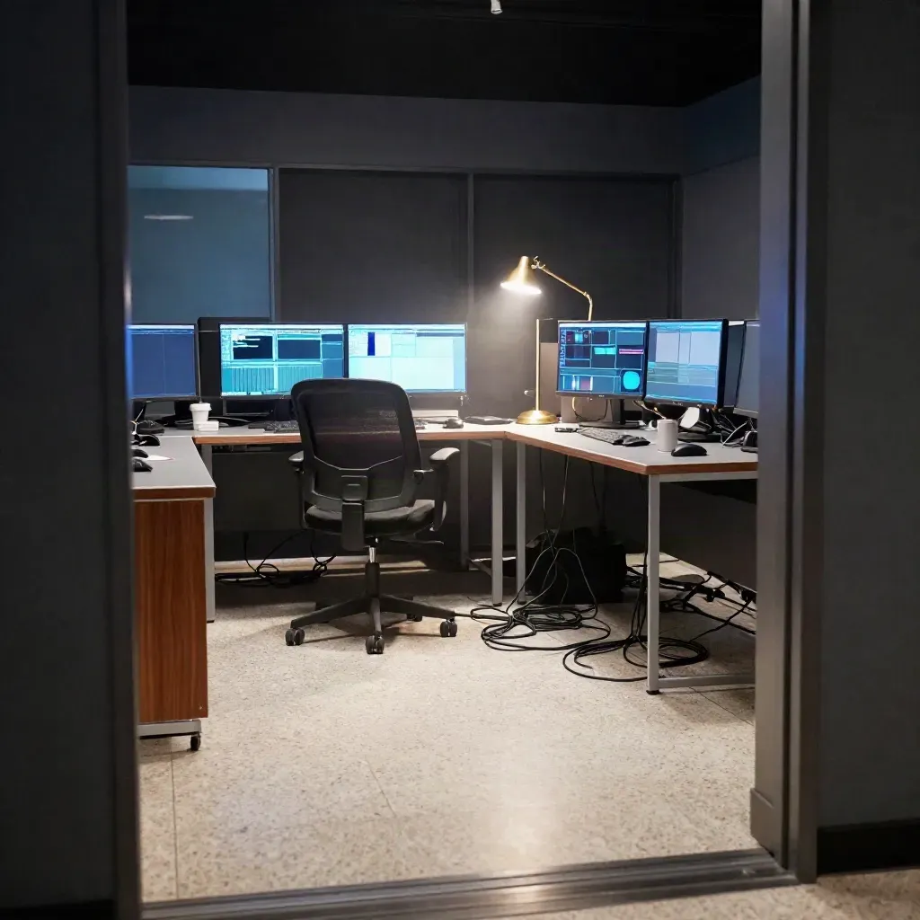 Late-night newsroom editing bay with glowing screens, chair, lamp, and cables in moody light.