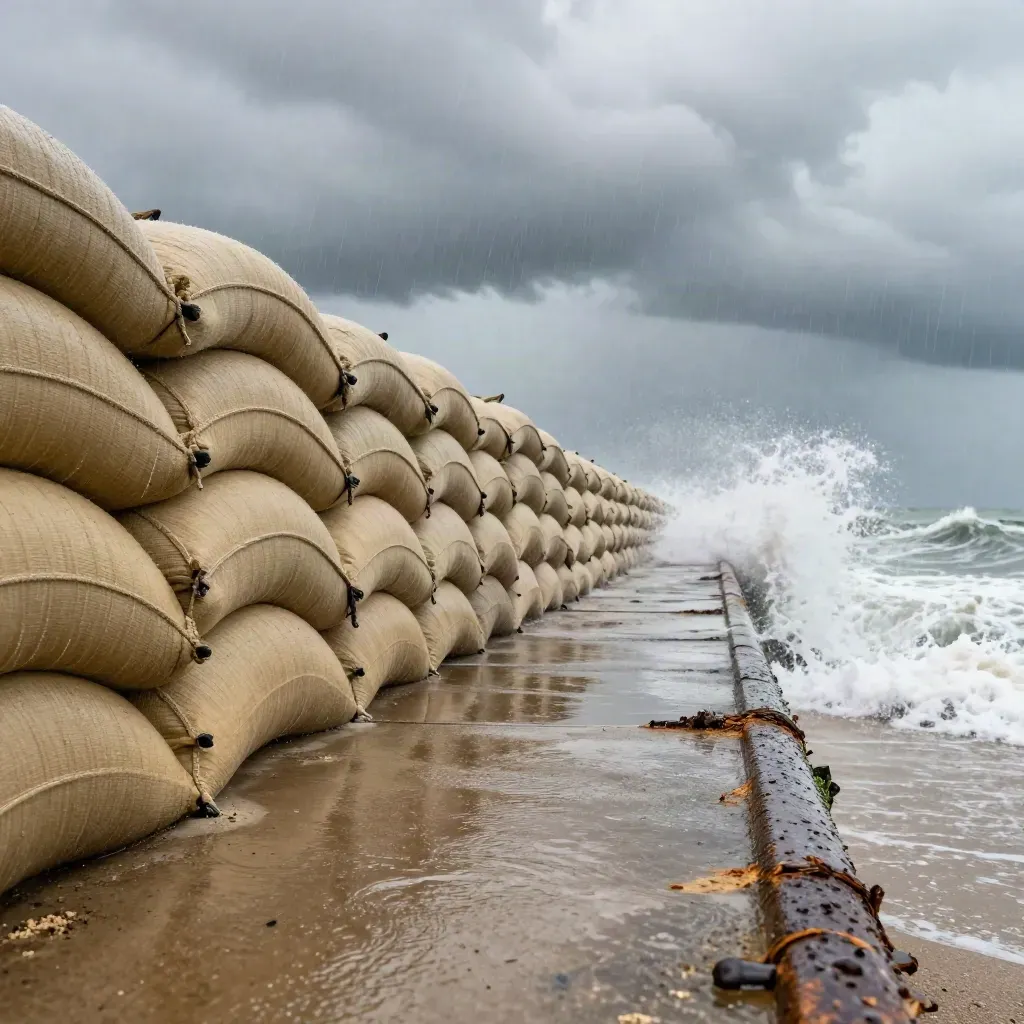 Flood barrier with sandbags as surf crashes under storm clouds.