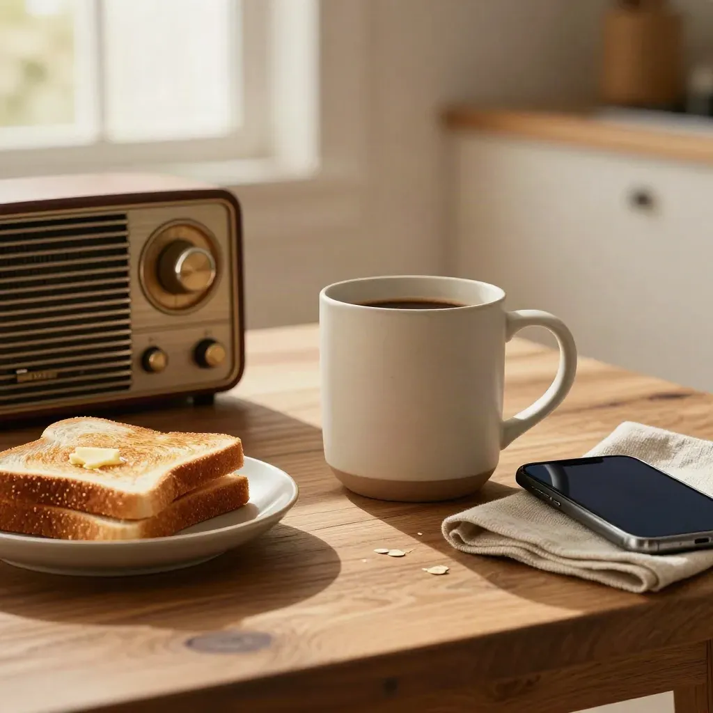 Kitchen table at dawn with mug, toast, radio, and phone in warm window light.