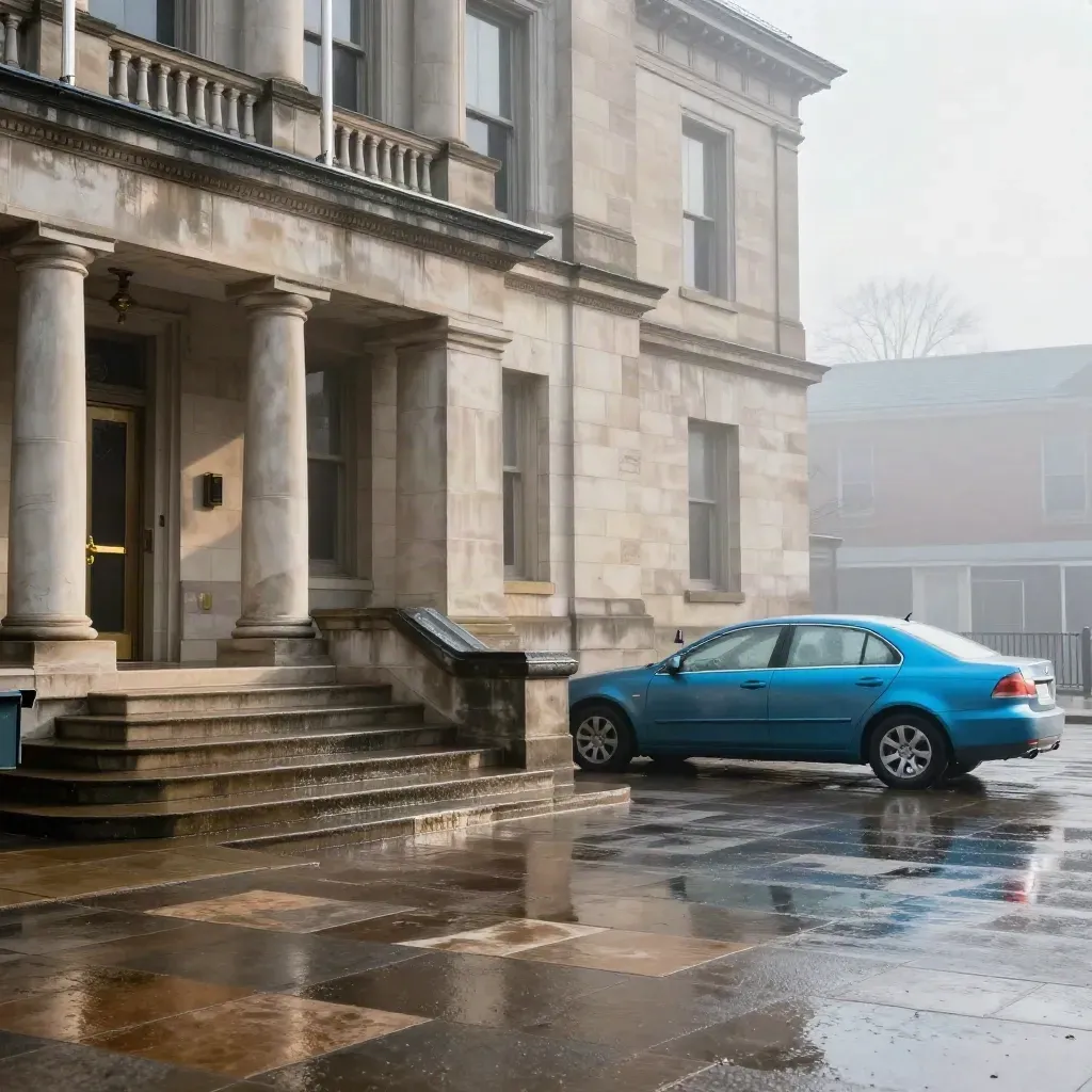 Mist hangs over a wet county courthouse exterior with flags and a parked sedan.