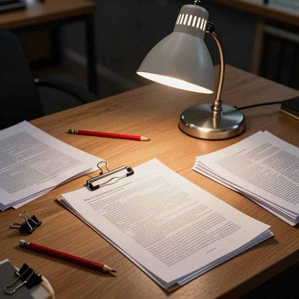 Overhead fact-check desk with lamp, red pencils, binder clips, and clipped pages in warm light.