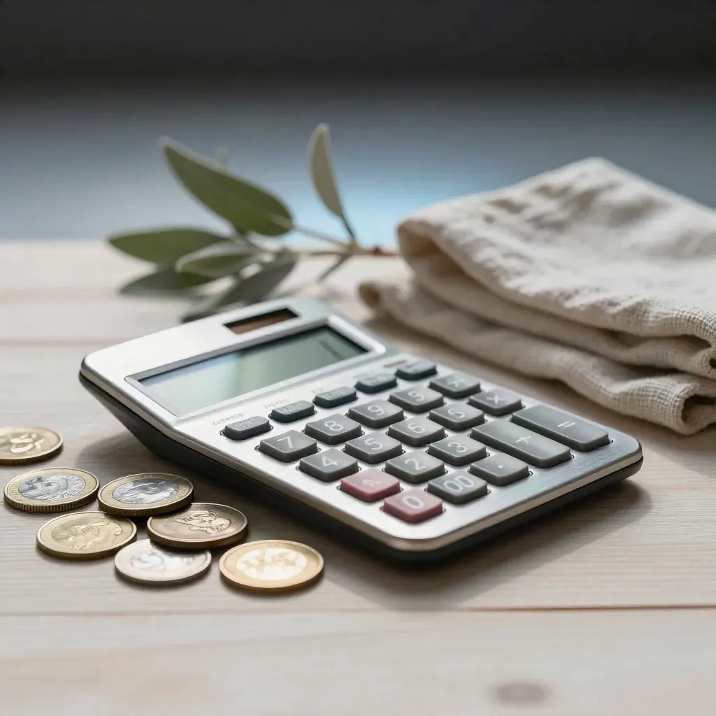 Brushed calculator, coins, plant, and linen on pale wood with soft side light.