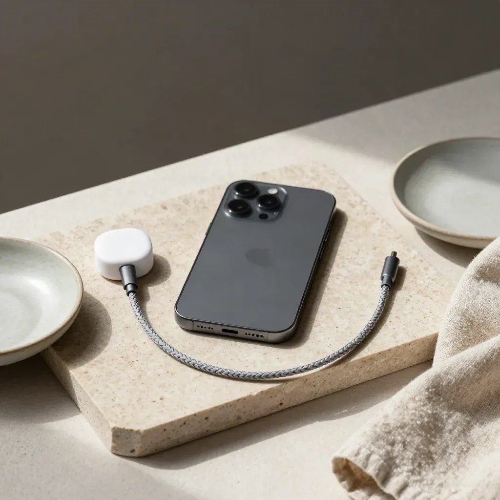 Face-down smartphone, charging puck, braided cable and ceramic dish on a stone tray with linen.