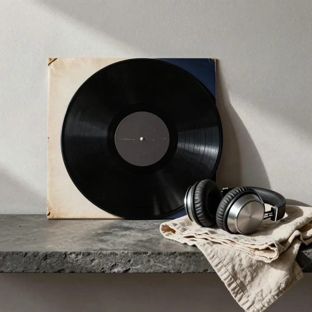 Vinyl record with sleeve, headphones, and folded cloth on a dark stone shelf.