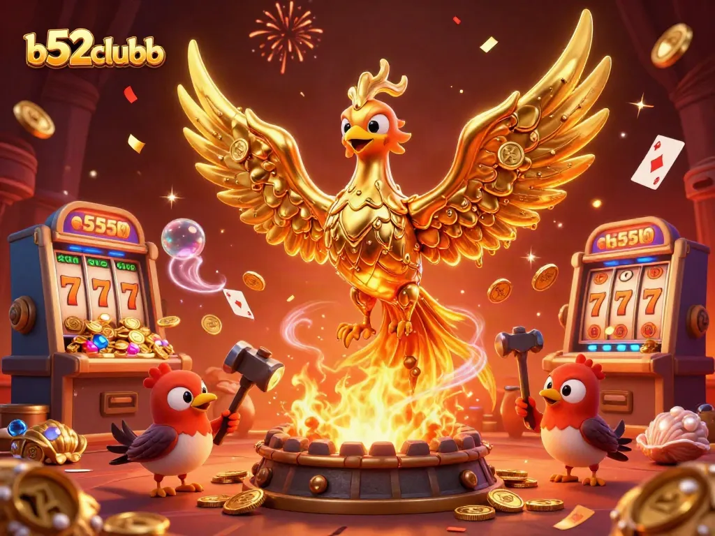 b52clubb showcases a golden phoenix in a dynamic casino scene filled with slots, cards, and confetti.
