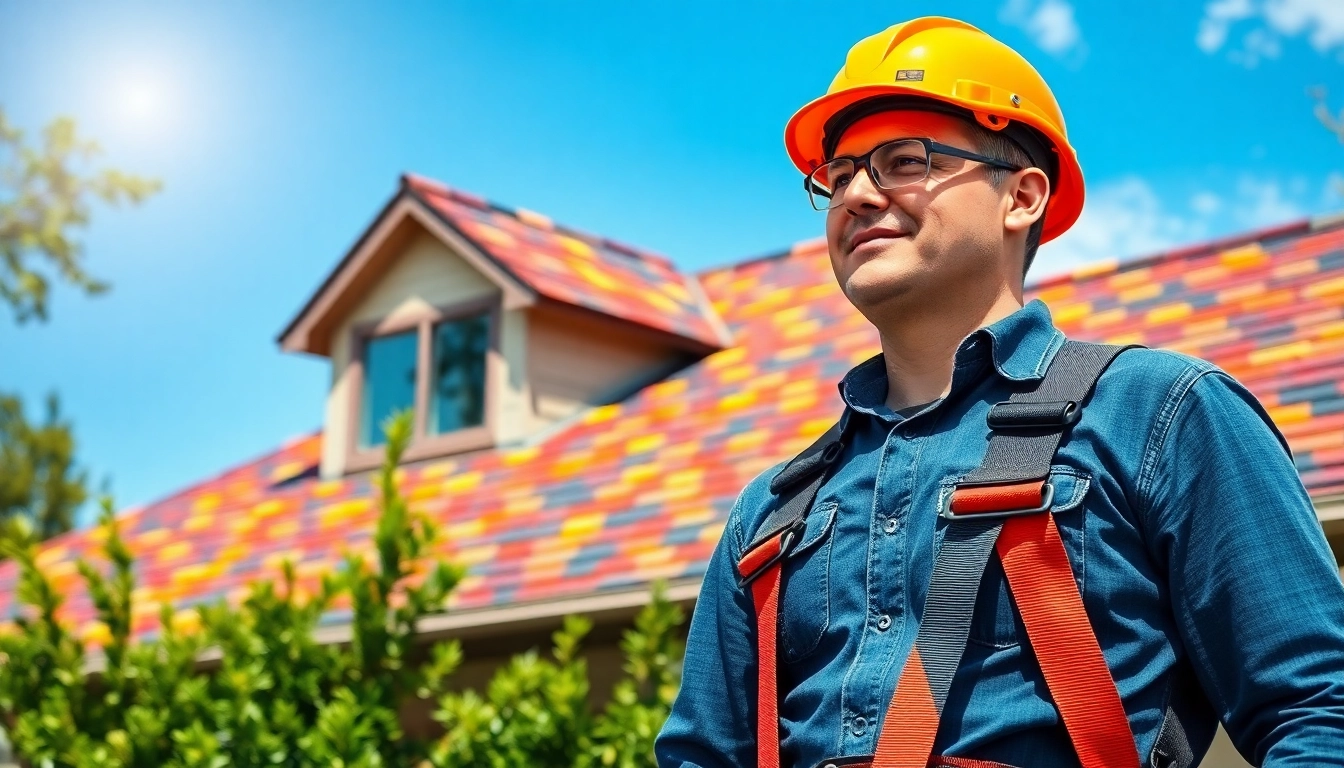 Expert roofing company technician analyzing shingles on a sunny roof.