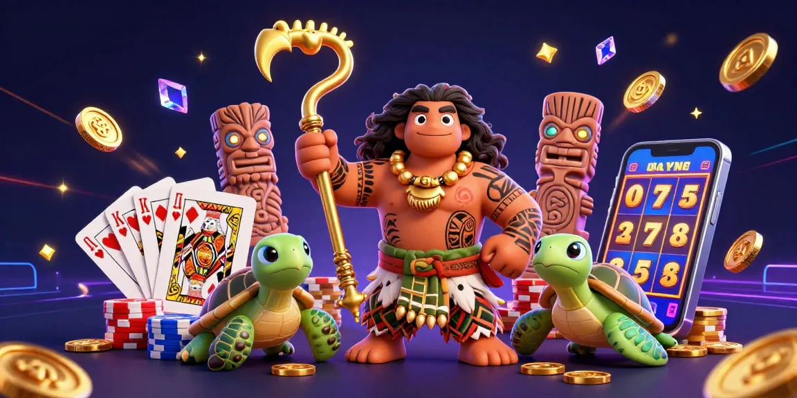Spin for big wins with GMNC's vibrant casino-themed illustration featuring a Polynesian demigod and treasures.