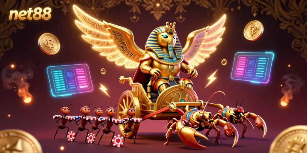 Experience thrilling bets with net88's golden pharaoh beetle in an immersive casino battle scene.
