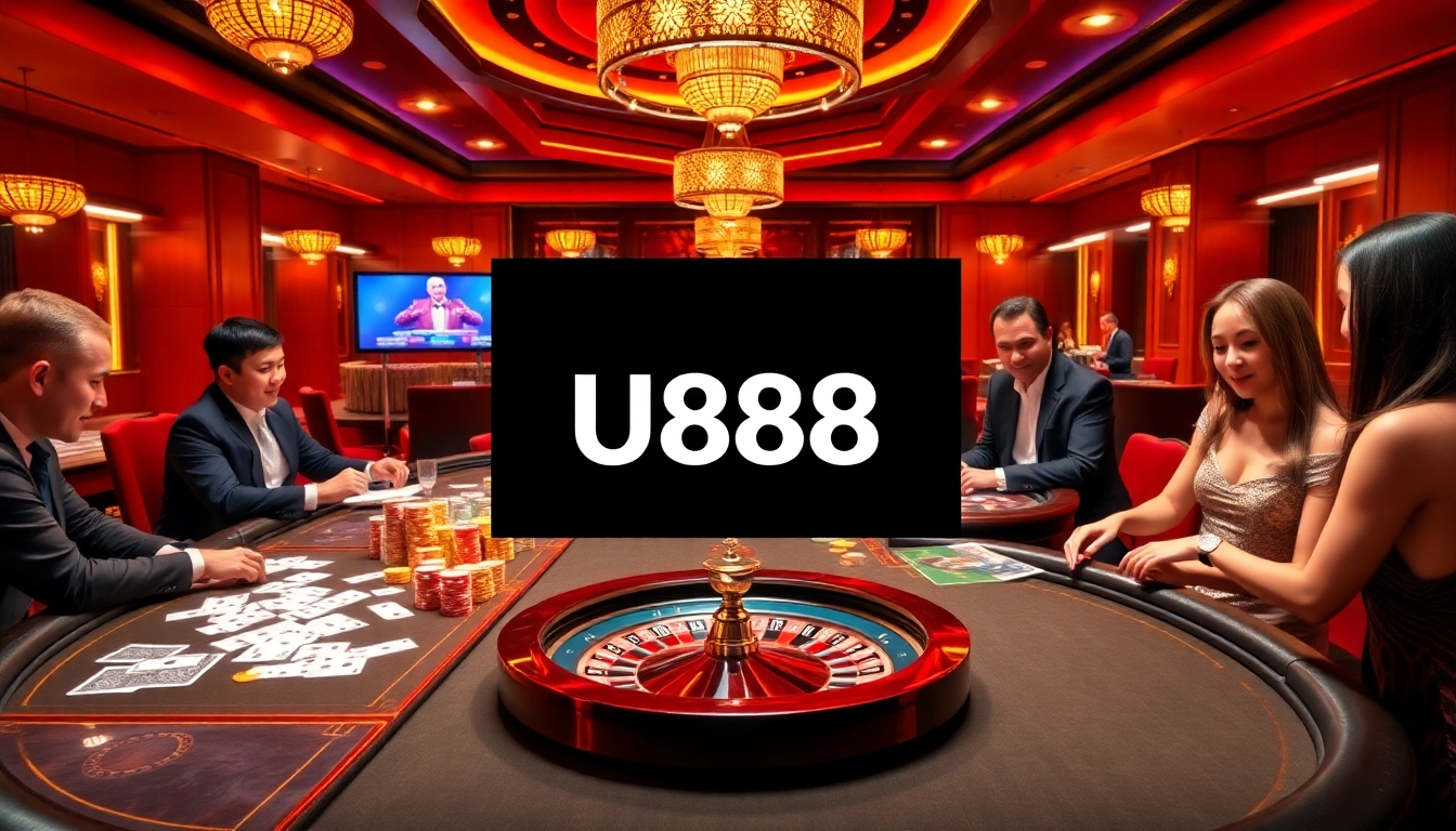 Experience the excitement of U888 with professionals at a luxurious casino table, engaging in thrilling games.