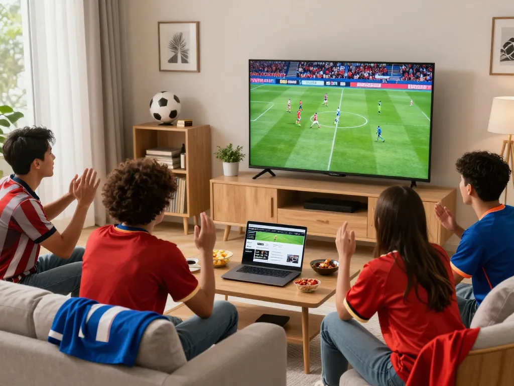 Cakhiatv live football streaming scene with friends enjoying a match in high definition.