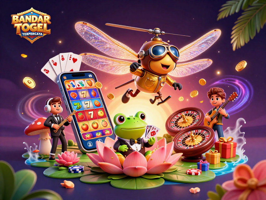 Play and win at BANDAR TOGEL TERPERCAYA with a vibrant casino scene featuring engaging characters and slots.
