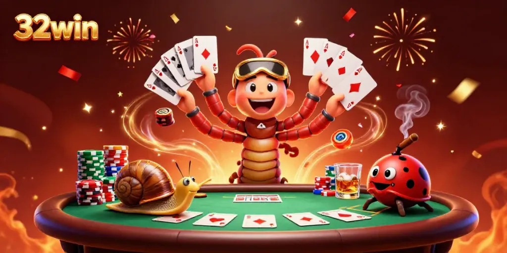 Experience 32win's dynamic casino atmosphere with a millipede dealer and snail high-roller amidst vibrant poker action.