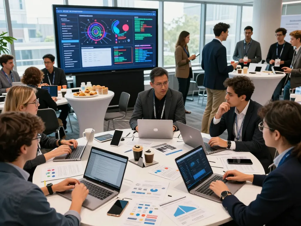 Networking professionals discussing innovative hbet software solutions at a tech conference