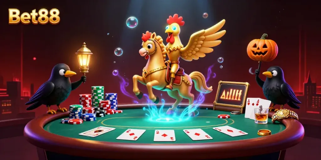 Experience Bet88 excitement with a golden rooster character navigating a vibrant casino.