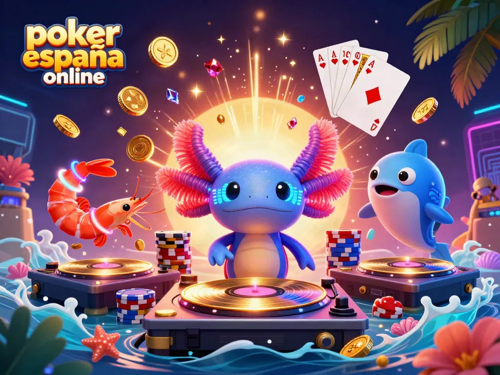 Experimenta el poker españa online con un DJ axolote y una fiesta vibrante de colores.