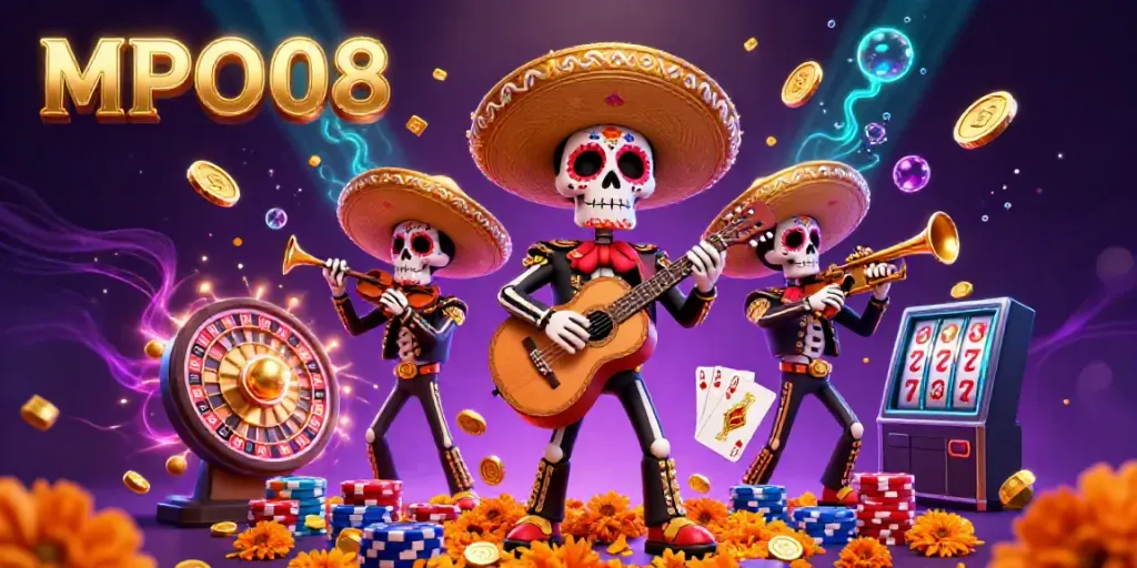 MPO08 elevates the excitement of gaming with 3D lottery action featuring colorful mariachis, poker chips, and gold coins.