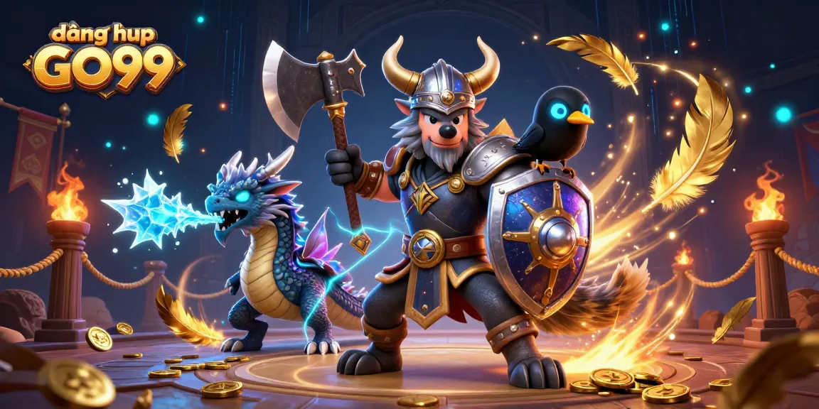 Engage with the excitement of đăng nhập GO99 through this vibrant 3D casino scene with Viking warrior and dragon.