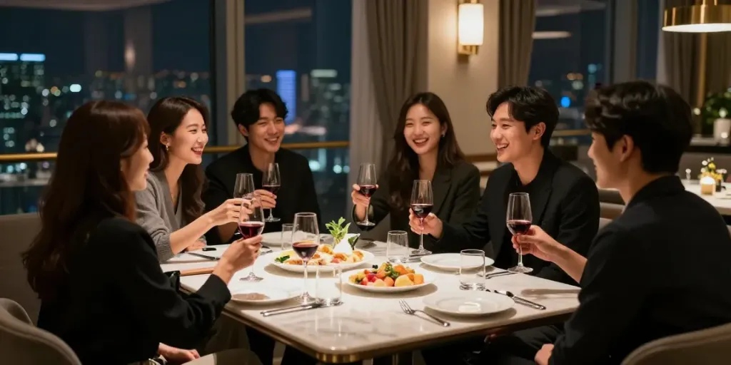 강남구구단 쩜오에서의 독립 룸에서 친구들과 즐기는 화기애애한 분위기