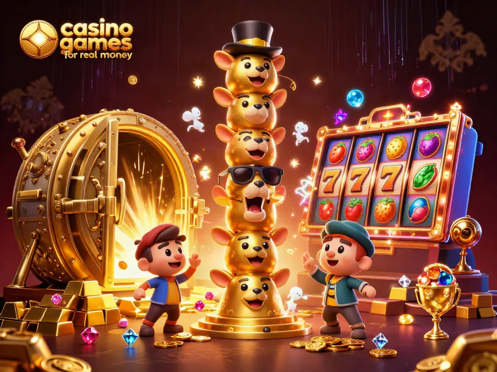 Explore thrilling casino games for real money featuring a golden totem and slot reels in a vibrant digital art scene.