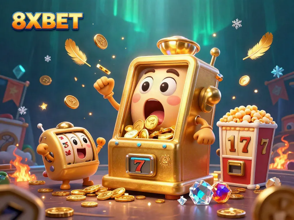 Experience the excitement of 8XBET with a golden slot machine celebrating its jackpot amid a vibrant casino scene.