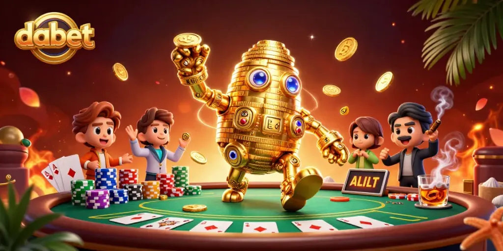 Engage in thrilling poker action with dabet's golden golem amidst vibrant casino elements.