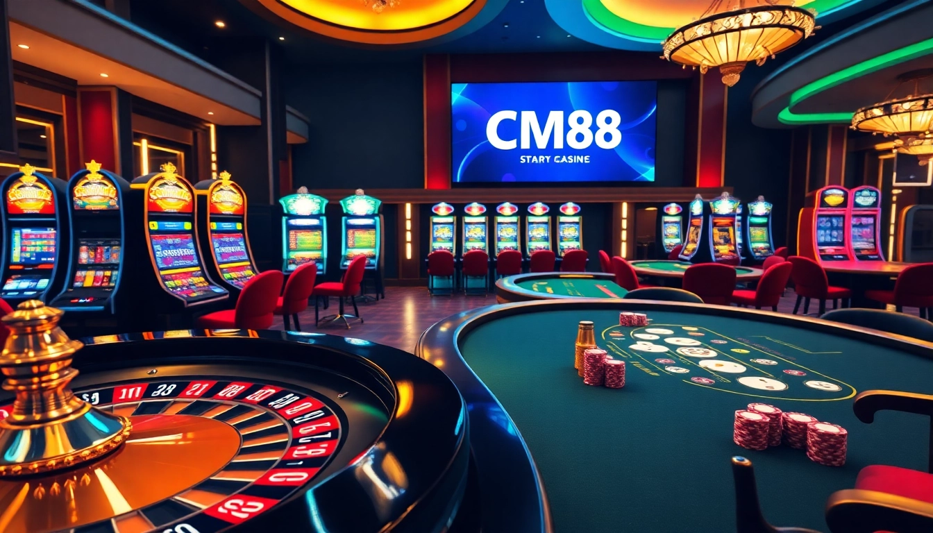 Experience thrilling gaming action at CM88 with vibrant roulette and poker tables.