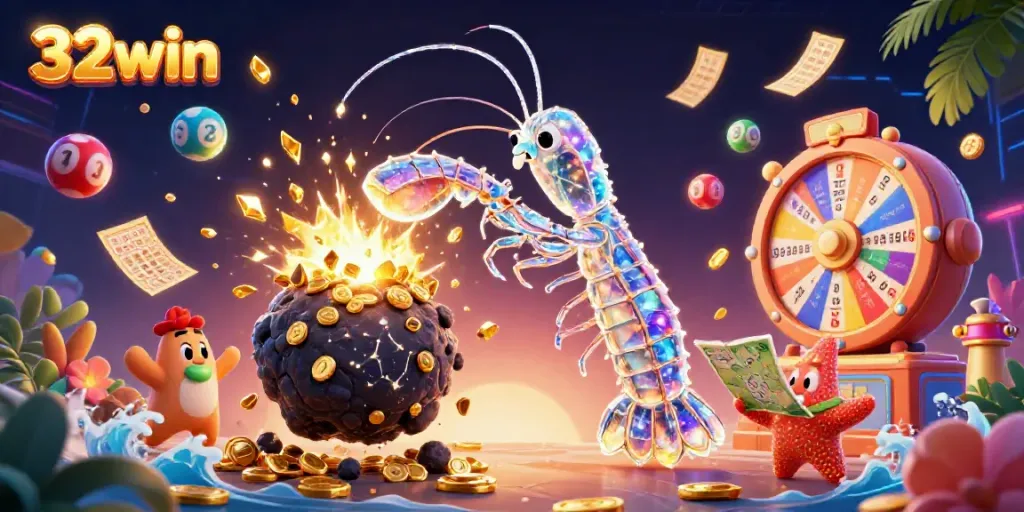 Exciting scene with 32win elements showing a galactic mantis shrimp in action, surrounded by casino elements.
