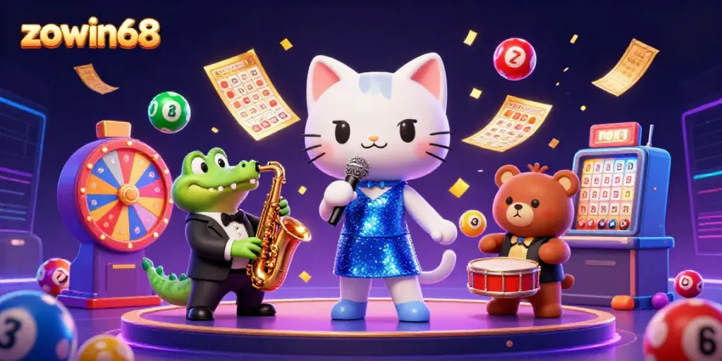 Experience lively gameplay at zowin68 with a vibrant cartoon casino scene featuring dynamic characters.