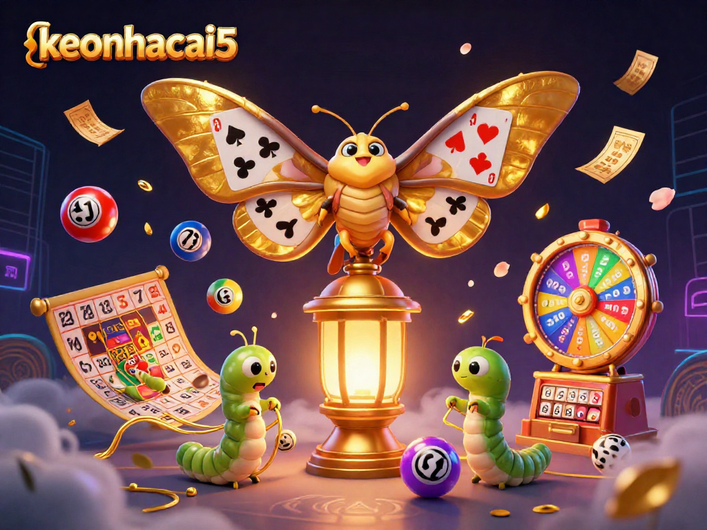 Engage with keonhacai5's vibrant casino world, featuring dynamic lottery elements and the majestic moth.
