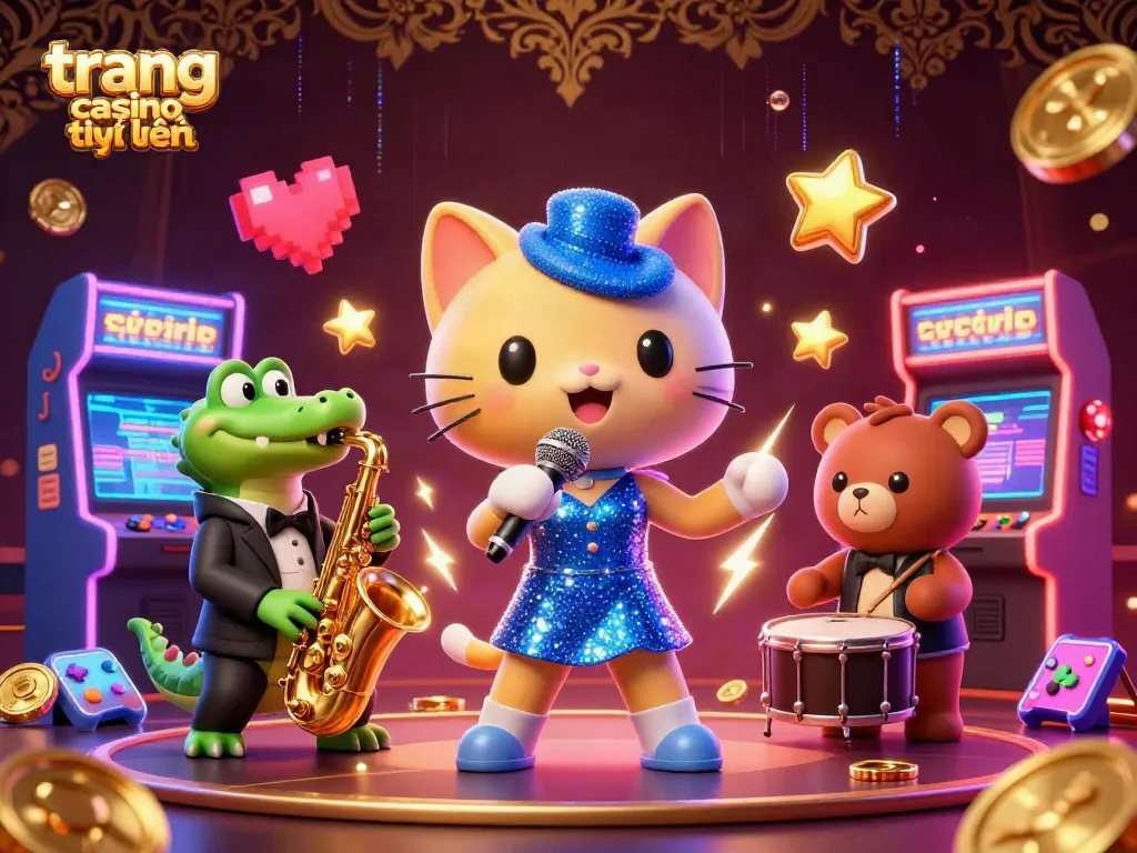 Khám phá trang casino trực tuyến với bầu không khí sống động của các nhân vật hoạt hình và máy chơi game đầy màu sắc.