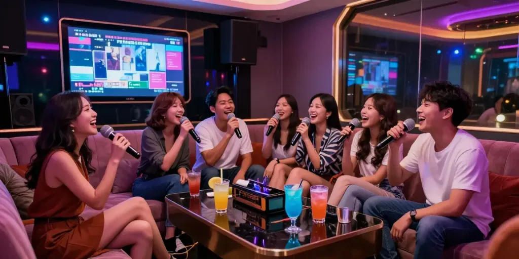 강남달토에서 친구들과 노래 부르며 즐거운 시간을 보내는 활기찬 장면