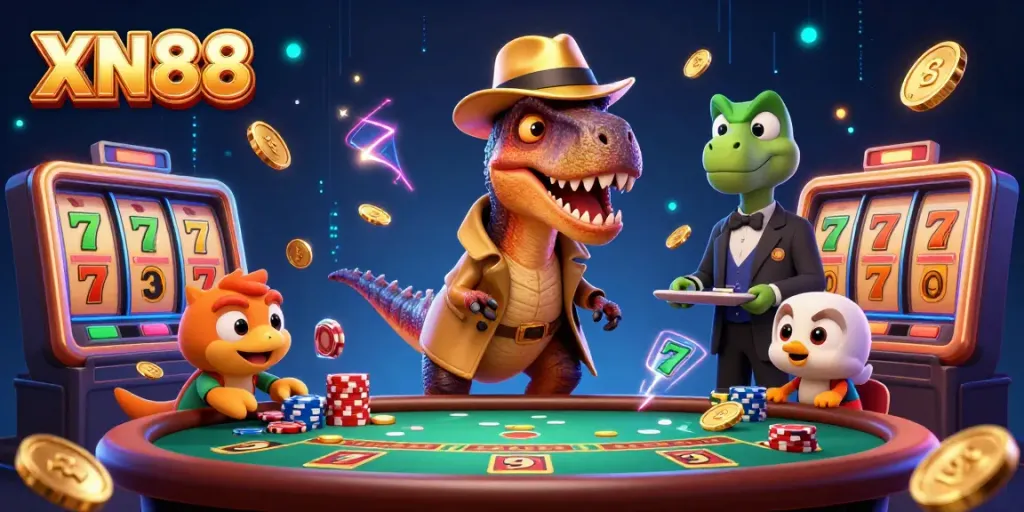 Experience the excitement of XN88's casino culture in a vibrant 3D scene with a velociraptor card counter.