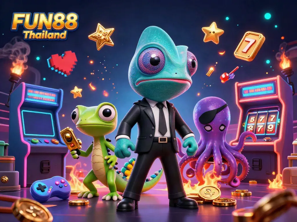 Experience dynamic gaming at FUN88 Thailand with a vibrant 3D illustration featuring colorful casino elements.