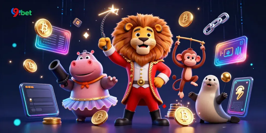 Engage with 9bet's thrilling casino world featuring lively characters and vibrant crypto elements in a dynamic scene.