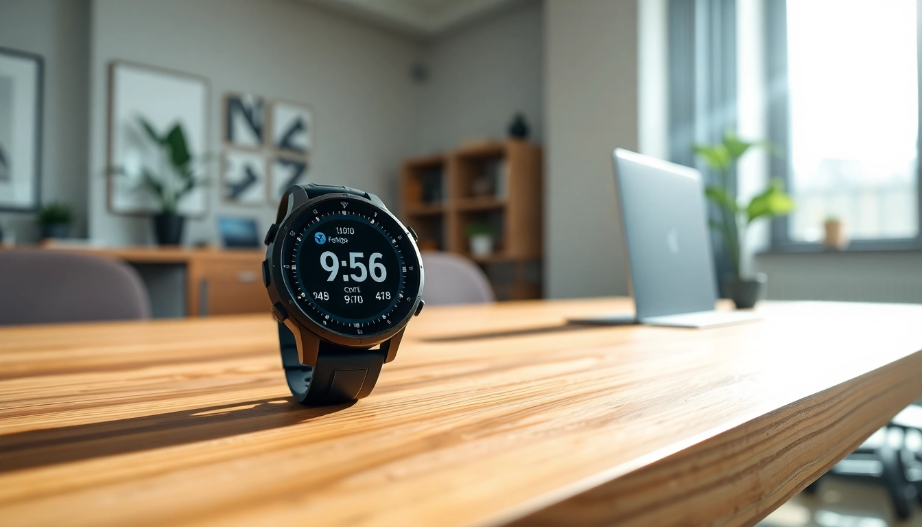 Garmin smartwatch showcasing vibrant metrics, elegantly positioned on a modern office desk.