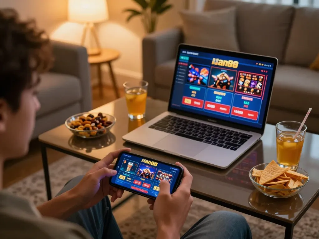 Player enjoying man88 mobile gaming experience with casino app in a cozy living room.