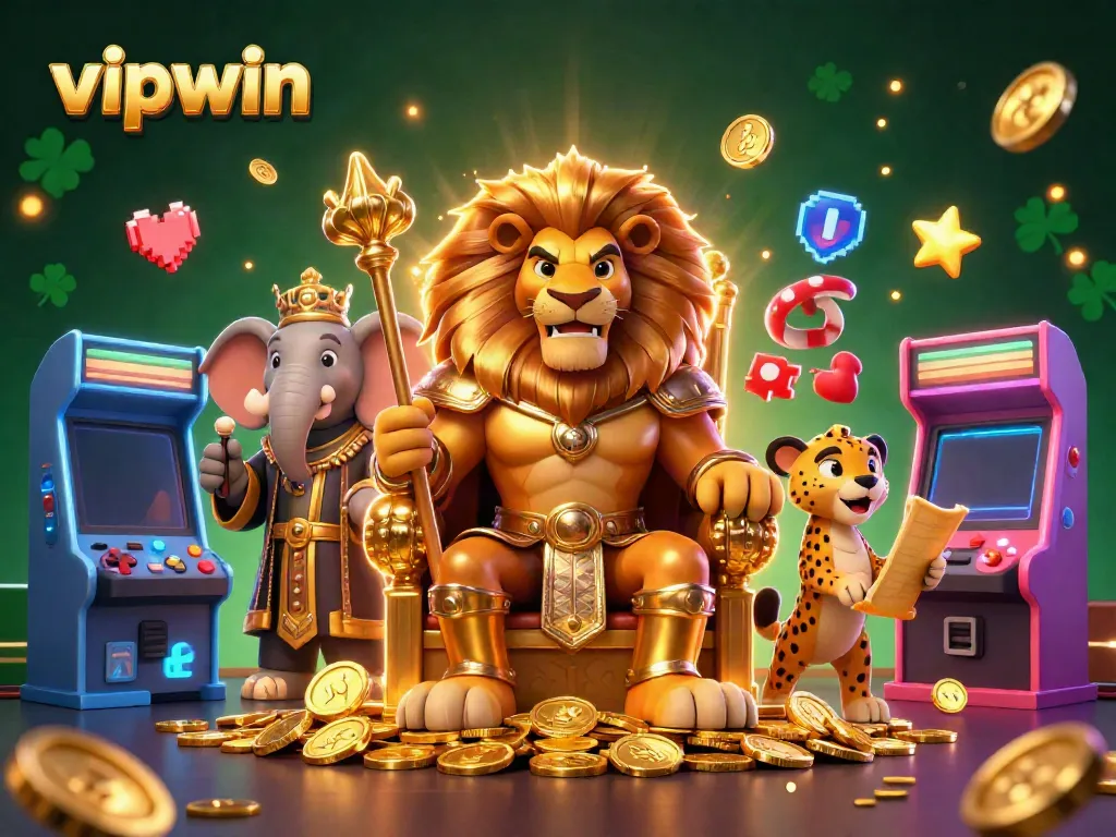 Experience exciting gameplay at vipwin with a lion king, elephant advisor, and speedy cheetah in 3D illustration.
