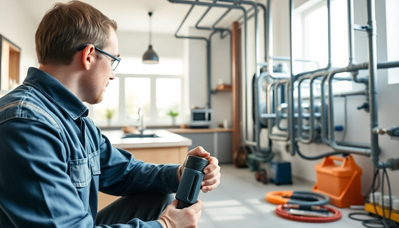 Technician providing whole house repiping services Tampa in a modern kitchen.