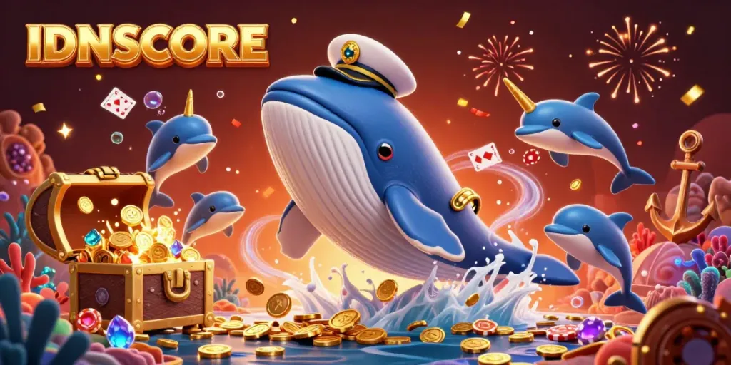 Experience exciting casino action with IDNSCORE in a vibrant underwater scene featuring a playful whale and dolphin.