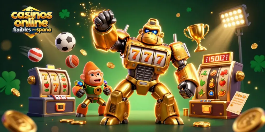 Casinos online fiables en España: emocionante escena de un gorila mecánico y componentes de juego vibrantes.